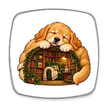 Schlafender Golden Retriever mit einer gemütlichen Bibliothek - Viereckiger Kühlschrankmagnet - Weiß - Vorne
