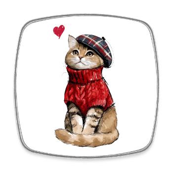 Süße Katze mit Baskenmütze und Strickpullover - Viereckiger Kühlschrankmagnet - Weiß - Vorne