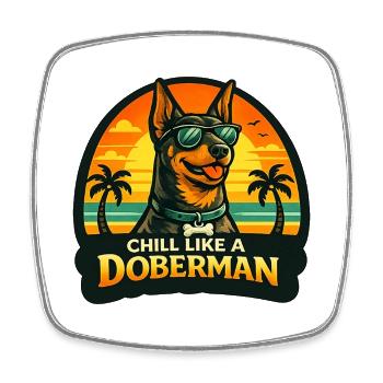 Dobermann mit Sonnenbrille am Strand im Retrolook - Viereckiger Kühlschrankmagnet - Weiß - Vorne