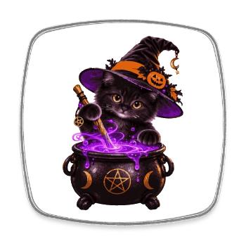 Süße Hexenkatze mit Zauberkessel – Halloween Katze - Viereckiger Kühlschrankmagnet - Weiß - Vorne