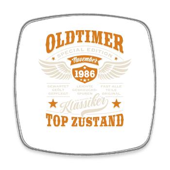 Oldtimer November 1986 - Geburtstag - Geschenk - Viereckiger Kühlschrankmagnet - Weiß - Vorne