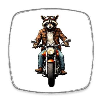 Waschbär auf Oldtimer-Motorrad, Gravur – ohne Text - Viereckiger Kühlschrankmagnet - Weiß - Vorne
