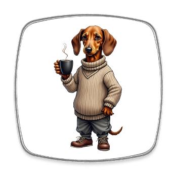 Müder Dackel mit Kaffeebecher – Gravur ohne Text - Viereckiger Kühlschrankmagnet - Weiß - Vorne