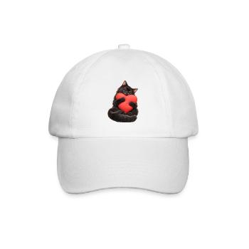 Schwarze Katze mit Herzkissen – Liebe auf Pfoten - Baseballkappe - Weiß/Weiß - Vorne