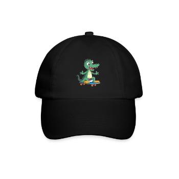 Lustiges Krokodil Kawaii Cartoon spielt Skateboard - Baseballkappe - Schwarz/Schwarz - Vorne