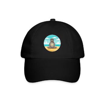 Seehund, Karikatur, Yoga, Strand, Sommer, Illustration - Baseballkappe - Schwarz/Schwarz - Vorne