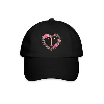 T Monogramm Blumen Herz personalisierbar - Baseballkappe - Schwarz/Schwarz - Vorne