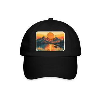 Retro Sonnenuntergang Berge See mit Hirsch - Baseballkappe - Schwarz/Schwarz - Vorne