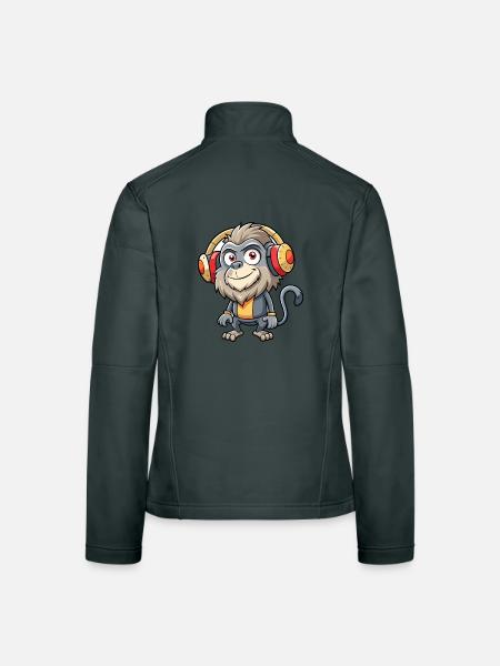 Baboon Funny Cartoon Character Headphone Music - Women's Softshell Jacket - mouse grey - Back