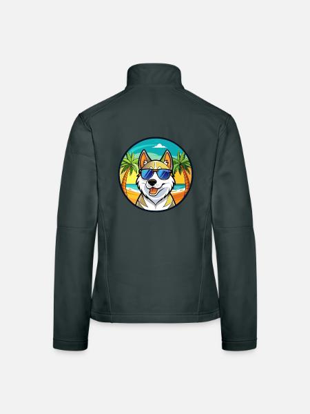 Russisch Europäischer Laika Hund Rasse Cartoon Strand - Frauen Softshelljacke - Dunkelgrau - Hinten