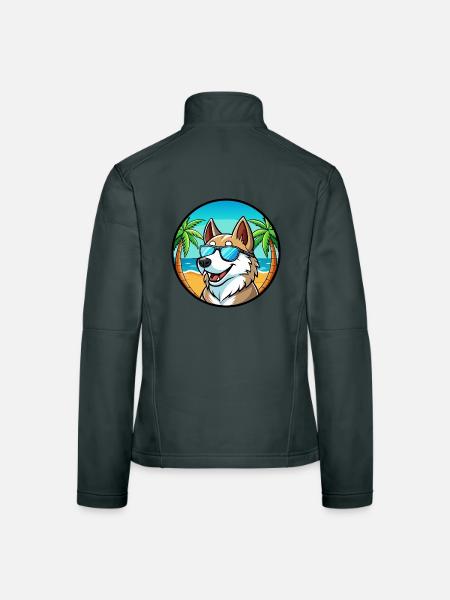 Russisch Europäischer Laika Hund Rasse Cartoon Strand - Frauen Softshelljacke - Dunkelgrau - Hinten