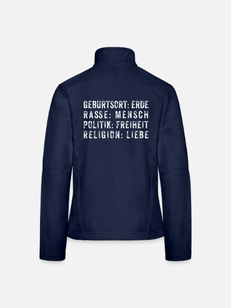 Erde als Geburtsort – Freiheit & Liebe - Frauen Softshelljacke - Navy - Hinten