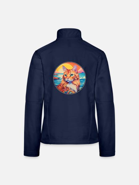 Ingwer Langhaar Katze Aquarell Karikatur Kawaii - Frauen Softshelljacke - Navy - Hinten