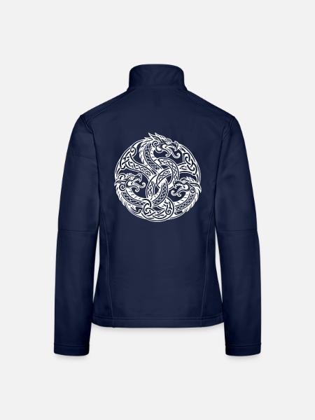 Drei ineinander verwobene Drachen in einem kreisförmigen Emblem - Frauen Softshelljacke - Navy