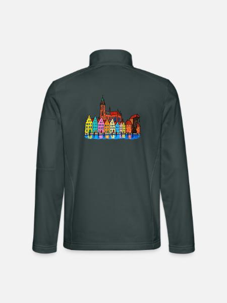 Danzig Skyline – Bunte Hafenstadt im Wachsmalstil - Unisex Softshelljacke - Dunkelgrau - Hinten