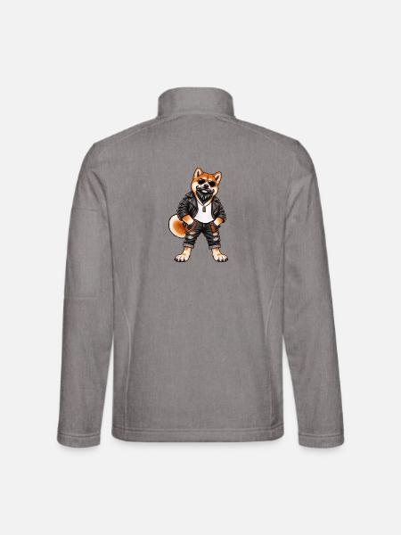 Akita mit Bart und Lederjacke – Cooler Biker Hund - Unisex Softshelljacke - Grau meliert - Hinten