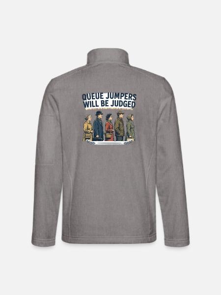 Warteschlange-Pullover werden als T-Shirt bewertet – Funny Briti - Unisex Softshelljacke - Grau meliert - Hinten