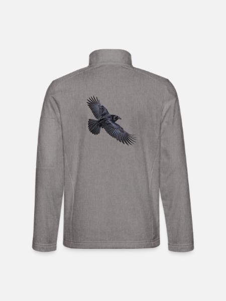Kolkrabe im Flug – Rabe mit ausgebreiteten Flügeln - Unisex Softshelljacke - Grau meliert - Hinten