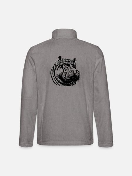 Flusspferd – Schwarz Weiß Tierporträt - Unisex Softshelljacke - Grau meliert - Hinten