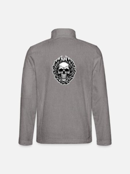 Totenkopf Flammen Kette Blackwork Tattoo T-Shirt - Unisex Softshelljacke - Grau meliert - Hinten