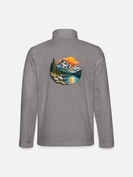 Bergsee mit Tannen und orangefarbener Sonne - Unisex Softshelljacke - Grau meliert - Hinten