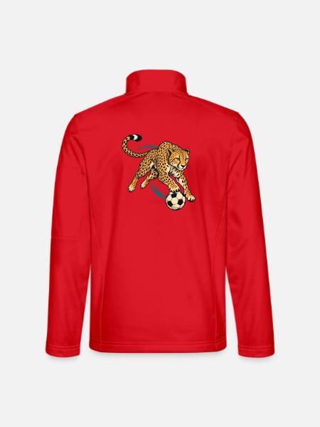 Gepard mit Fußball – Dynamisches Sportmotiv - Unisex Softshelljacke - Rot - Hinten