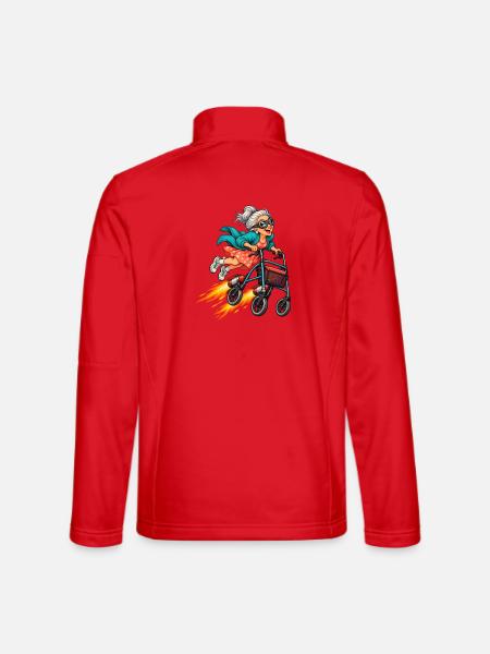 Lustige Oma mit Raketenrollator und Fliegerbrille - Unisex Softshelljacke - Rot - Hinten