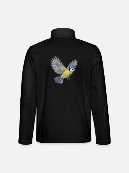 Blaumeise im Flug – blaugelbes Gartenvogelmotiv - Unisex Softshelljacke - Schwarz - Hinten