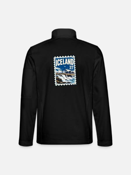 Island Vintage Briefmarke – Wasserfall & Berge - Unisex Softshelljacke - Schwarz - Hinten