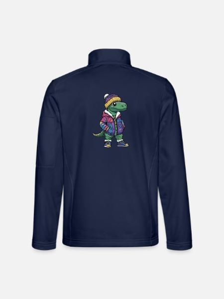 Dinosaurier mit Winterjacke und Mütze - Unisex Softshelljacke - Navy - Hinten