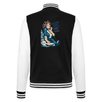 Retro Chefin: CEO of this conversation - College-Sweatjacke - Schwarz/Weiß - Hinten - Marisol (170cm)