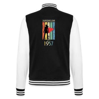 70 Geburtstag Frau Jahrgang 1957 Superheldin Retro - College-Sweatjacke - Schwarz/Weiß - Hinten - Marisol (170cm)