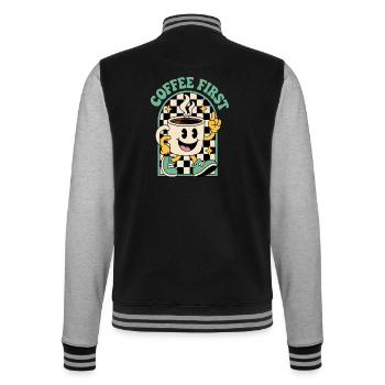 Kaffeetasse im Retrolook – Coffee First - College-Sweatjacke - Schwarz/Grau meliert - Hinten - Marisol (170cm)