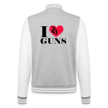 I love Guns - Herz mit Revolver Sportschützen - College-Sweatjacke - Grau meliert/Weiß - Hinten - Marisol (170cm)