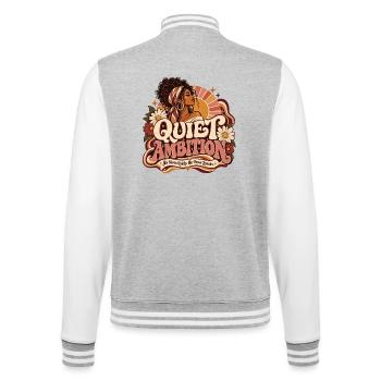 Stille Retro-Ambition – Macht braucht keine Öffentlichkeit - College-Sweatjacke - Grau meliert/Weiß - Hinten - Marisol (170cm)