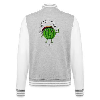 MessyMelon – tiefenentspannte Wassermelone - College-Sweatjacke - Grau meliert/Weiß - Hinten - Marisol (170cm)