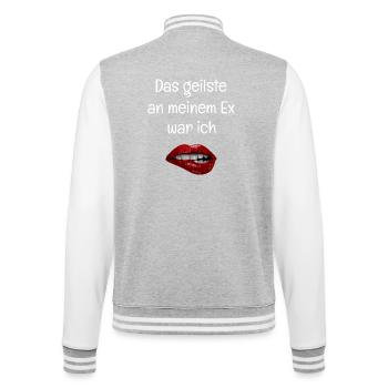 Das geilste an meinem Ex war ich - Rote Lippen - College-Sweatjacke - Grau meliert/Weiß - Hinten - Marisol (170cm)