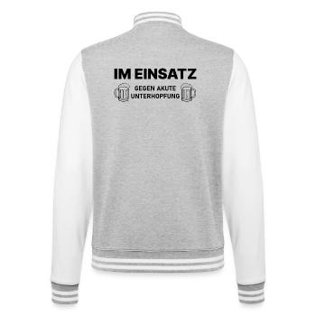 Im Einsatz gegen akute Unterhopfung – Bierspruch - College-Sweatjacke - Grau meliert/Weiß - Hinten - Marisol (170cm)