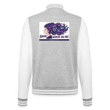 Kosmische Blüten im Haar - College-Sweatjacke - Grau meliert/Weiß - Hinten - Marisol (170cm)
