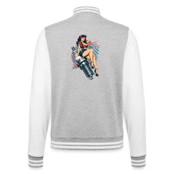 Vintage Hot Rod Pin-Up: Mechanikerin auf Zündkerze - College-Sweatjacke - Grau meliert/Weiß - Hinten - Marisol (170cm)