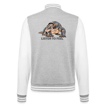 Komodowaran mit Kopfhörern – Hör auf Gefühl - College-Sweatjacke - Grau meliert/Weiß - Hinten - Marisol (170cm)