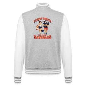 Ich trage Snacks Du trägst Sandsäcke Fitness Renngym - College-Sweatjacke - Grau meliert/Weiß - Hinten - Marisol (170cm)