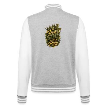 Treu zu Gott, hat er einen Plan - College-Sweatjacke - Grau meliert/Weiß - Hinten - Marisol (170cm)