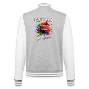 Kronengecko Flüsterer - College-Sweatjacke - Grau meliert/Weiß - Hinten - Marisol (170cm)