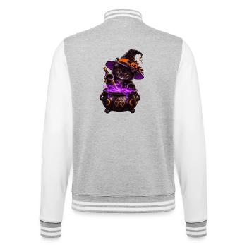 Süße Hexenkatze mit Zauberkessel – Halloween Katze - College-Sweatjacke - Grau meliert/Weiß - Hinten - Marisol (170cm)