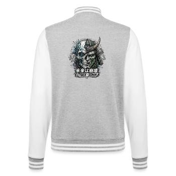 Cyber Ronin Mech-Samurai-Schädel - College-Sweatjacke - Grau meliert/Weiß - Hinten - Marisol (170cm)