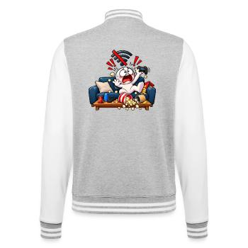 Kein WLAN – Gamer im Panikmodus! - College-Sweatjacke - Grau meliert/Weiß - Hinten - Marisol (170cm)
