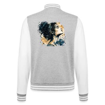 Frauenporträt in Blau und Gold – Aquarell - College-Sweatjacke - Grau meliert/Weiß - Hinten - Marisol (170cm)