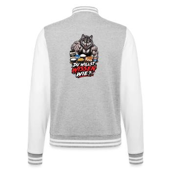 Du willst wissen wie – Muskelwolf und Fitness - College-Sweatjacke - Grau meliert/Weiß - Hinten - Marisol (170cm)