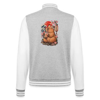 Capybara mit Bubble Tea und japanischen Wellen - College-Sweatjacke - Grau meliert/Weiß - Hinten - Marisol (170cm)